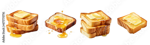Set of toast with melting butter and honey, generative AI.
