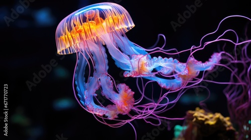  a close up of a jellyfish in a tank with blue and yellow lights on it's head and neck.  generative ai © Anna