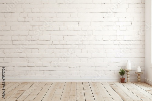 Vintage room with white brick wall and wood floor. Bright empty interior. Generative AI
