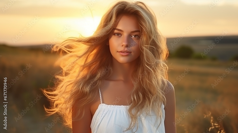 Portrait of blond teenager wearing a white dress in summer field. AI generated image Portrait of blond teenager wearing a white dress in summer field. AI generated image