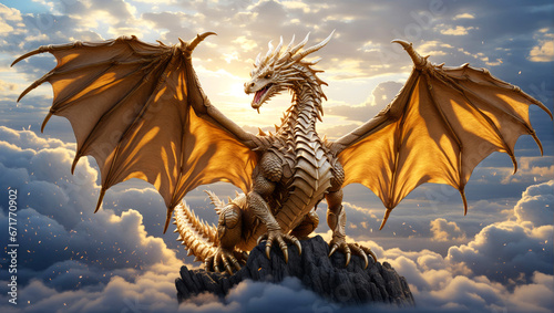 A mighty golden dragon sits on a mountaintop above the clouds.
