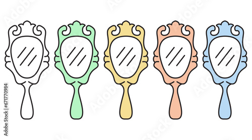 Make up hand mirror for woman.Hand drawn doodle mirror with crown.Mirror frame decorate border. Vector elements of a fairytale.Set mirrors with reflections.Antique accessory.Princes magical mirror.