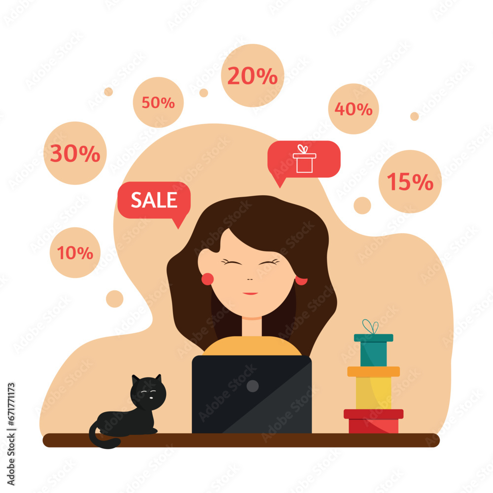 Flat character. A girl sits at a computer, at a table with a cat and gifts. A girl is looking for gifts on the Internet at sales. Sales, discounts. Flat character. A girl sits at a computer, at a table with a cat and gifts. A girl is looking for gifts on the Internet at sales. Sales, discounts.