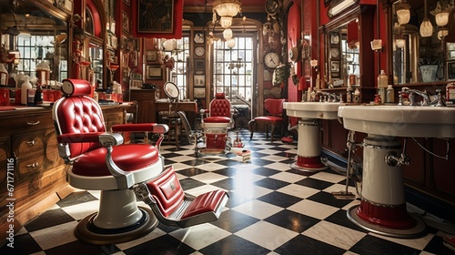 A vintage-inspired barbershop featuring checkered floors, red leather barber chairs, and a glass display of grooming tools.