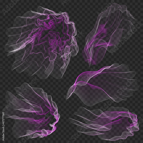 Set of vector editable abstract pink elements on transparent background. Gradient effect of wavy lines flowing like folds of fabric or particles. Design element for website background, web, poster