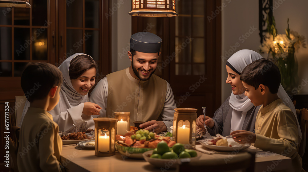 Muslim family at the dining table during ramadan Muslim family at the dining table during ramadan