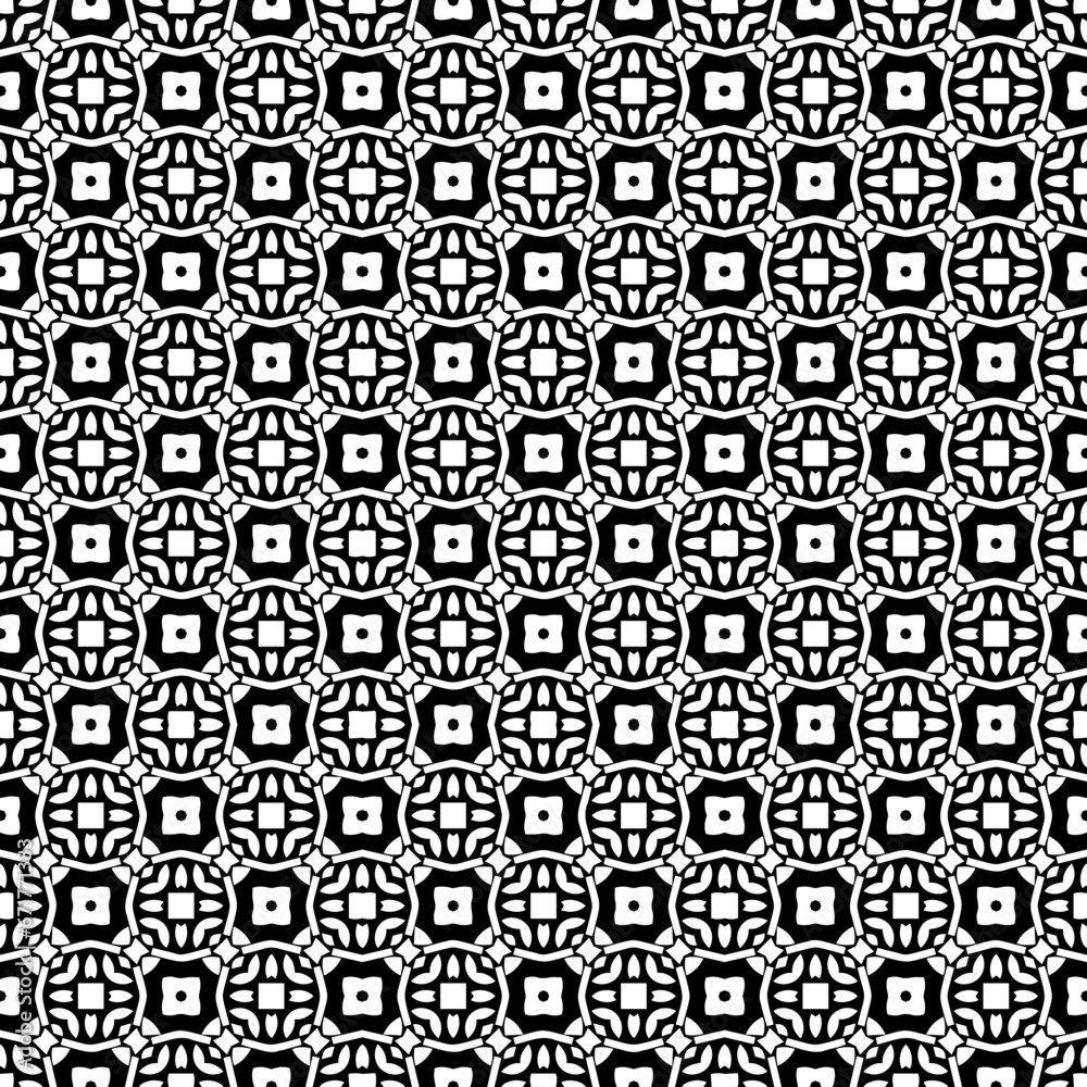Black and white seamless abstract pattern. Background and backdrop. Grayscale ornamental design. Mosaic ornaments. Vector graphic illustration. EPS10.