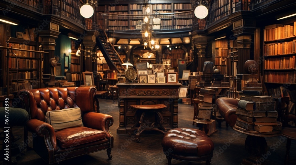 A vintage-themed bookstore, housing a plethora of leather-bound classics and worn armchairs.