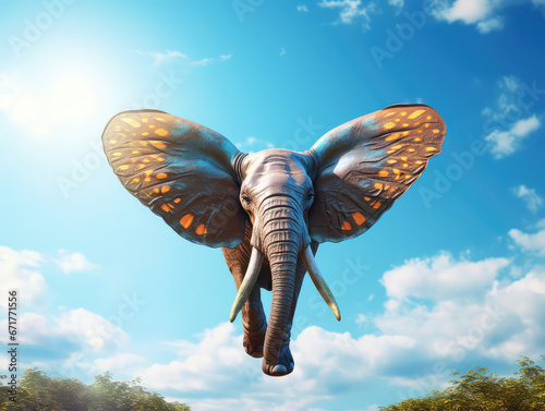 Flying elephant with butterfly wings in the blue sky