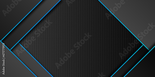 Dynamic black blue metal carbon neutral solid. Futuristic perforated technology abstract background with blue neon glowing lines 3D black technology background overlap layers on dark space