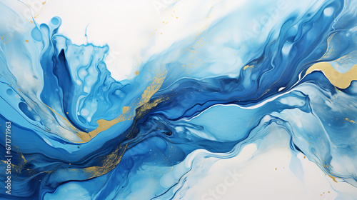  Abstract marbled ink liquid fluid watercolor painting texture banner illustration - Blue petals, blossom flower flowers swirls gold painted lines