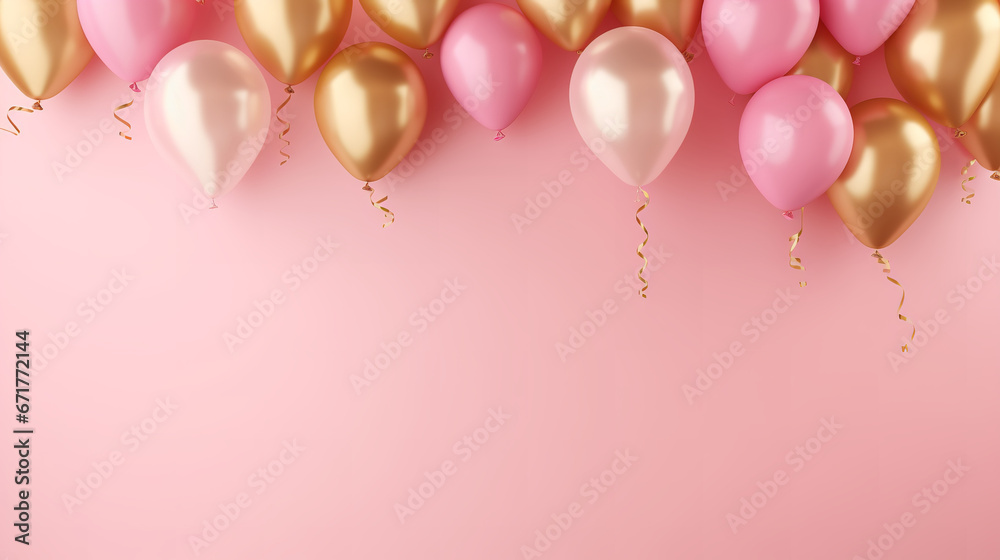 Celebration festive birthday wedding party banner illustration greeting card - Gold pink balloons, isolated on pink wall background