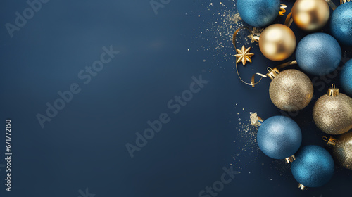 
Christmas advent celebration holiday background banner panorama greeting card - Border ornament gold and blue christmas baubles balls on blue texture photo