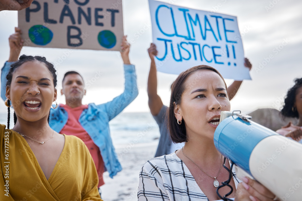 Megaphone, climate change and Asian woman protest with crowd at beach protesting for environment and global warming. Save the earth, group activism and people shouting on bullhorn to stop pollution. - obrazy, fototapety, plakaty 