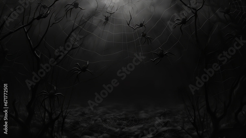 Real creepy spider webs silhouette isolated on black banner panorama - Halloween background template