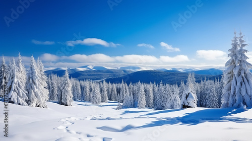  Stunning panorama of snowy landscape in winter in Black Forest - Snow winter wonderland snowscape with blue sky