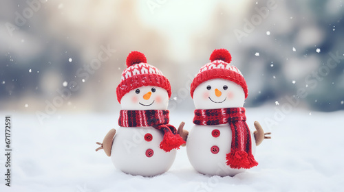 Winter holiday christmas background banner - Closeup of two cute funny laughing snowmen with red wool hat and scarf, on snowy snow snowscape © Nate