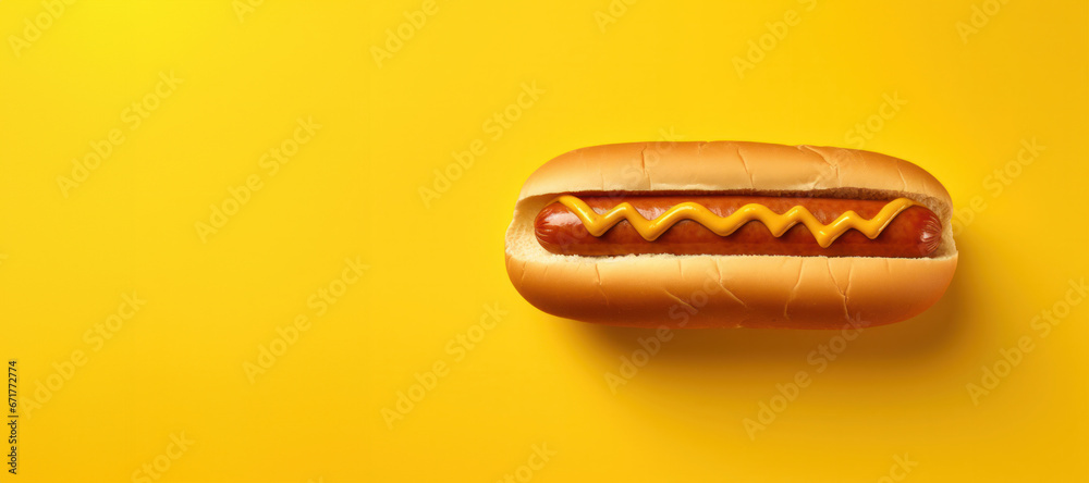 A classic hotdog with a perfect mustard drizzle set against a monochromatic yellow backdrop. A minimalist ode to iconic fast food. - obrazy, fototapety, plakaty 