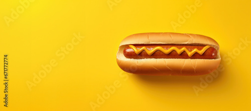 A classic hotdog with a perfect mustard drizzle set against a monochromatic yellow backdrop. A minimalist ode to iconic fast food. photo