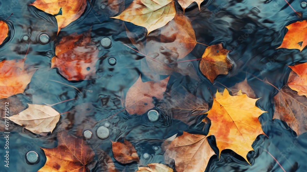  a group of leaves floating on top of a body of water with drops of water on the bottom of them.  generative ai