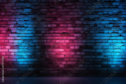 Neon light on brick walls.Lighting effect red and blue neon background ai generated