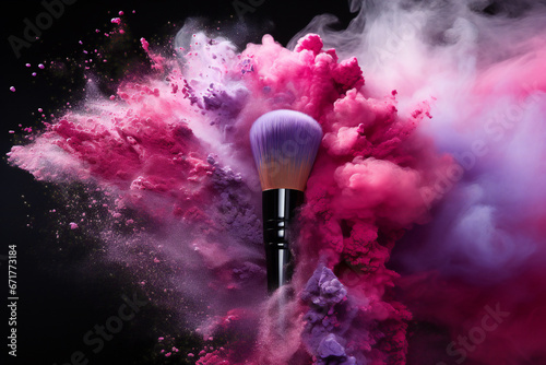Make up brush with pink and purple powder explosion,ai generated
