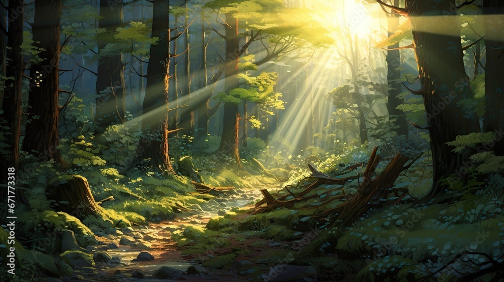 Wooden forest trees on golden sunlight. AI generated image
