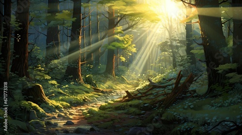 Wooden forest trees on golden sunlight. AI generated image © orendesain99