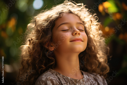 Portrait of a little girl with closed eyes facing the sun ai generated