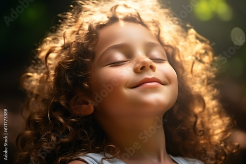 Portrait of a little girl with closed eyes facing the sun,ai generated