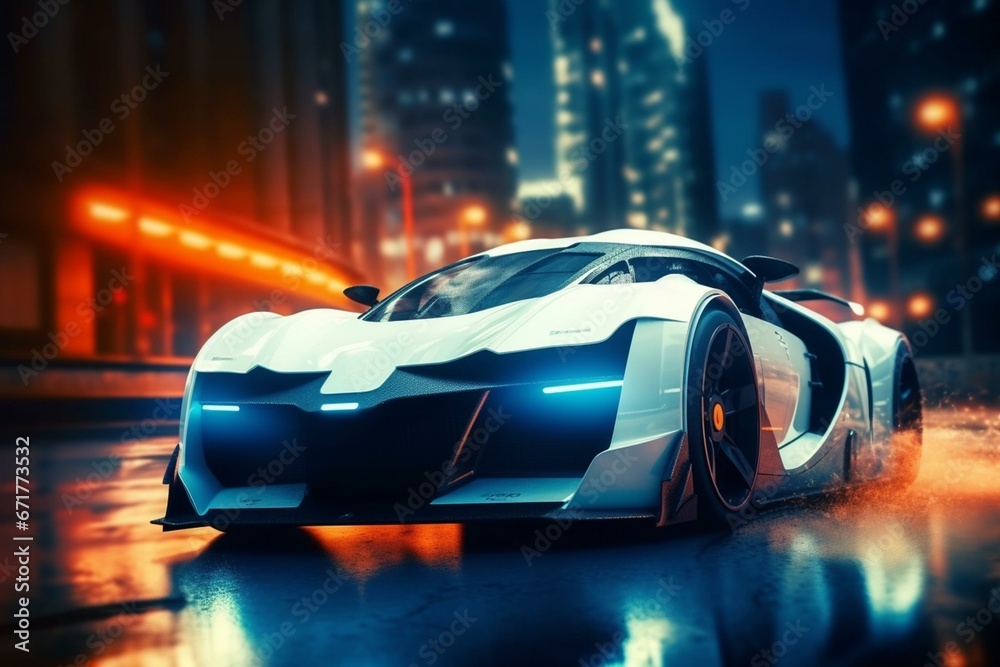 Speeding sports car in futuristic city. Generative AI