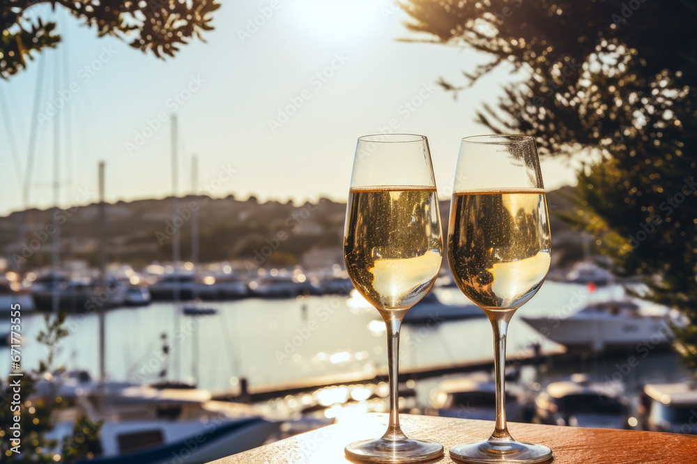 Obraz premium Two glasses of white wine on a table in a yacht marina at sunset