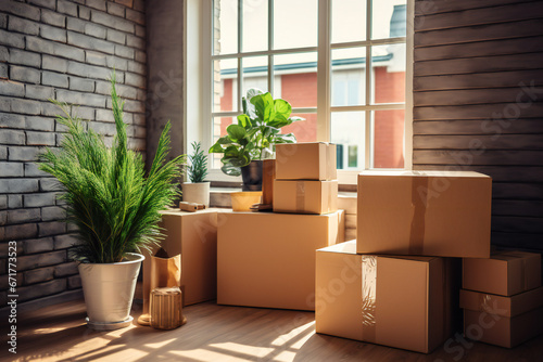 New house or apartment on moving day. Empty room with cardboard boxes, plastic windows, green plants, and laminate flooring.ai generated © Veronica