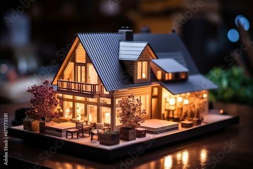 Wood home model with lighting house concept,ai generated