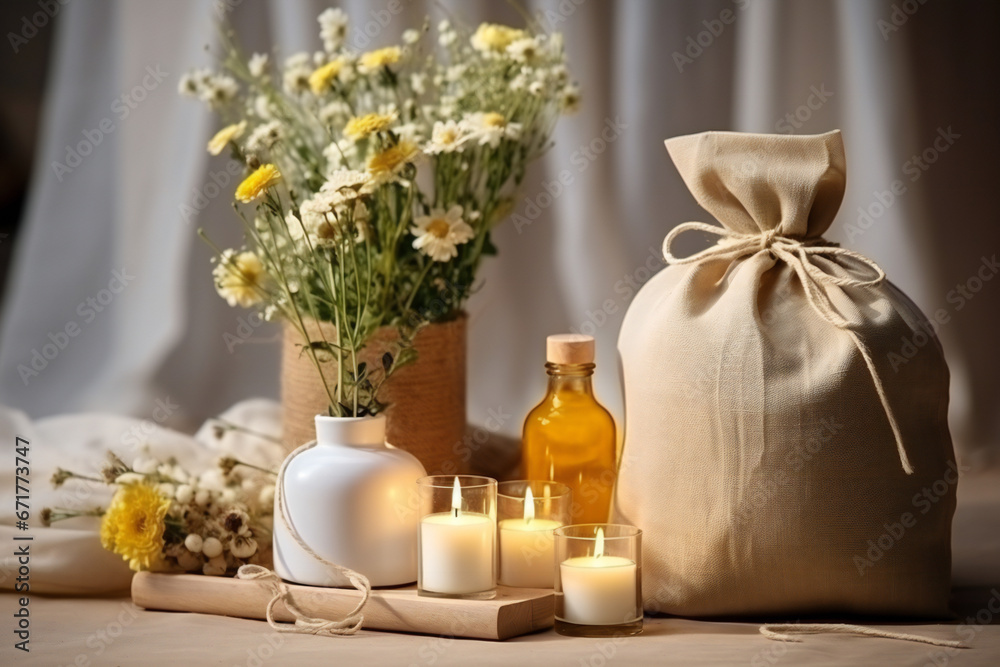 Obraz premium Herbal bags and beauty treatment items in the spa salon,ai generated