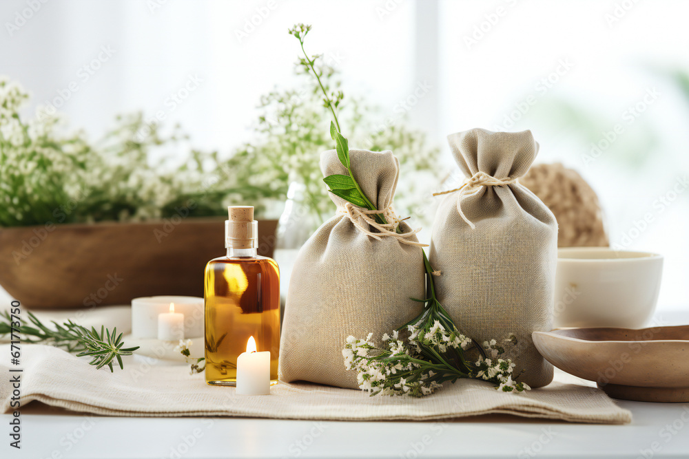 Herbal bags and beauty treatment items in the spa salon,ai generated