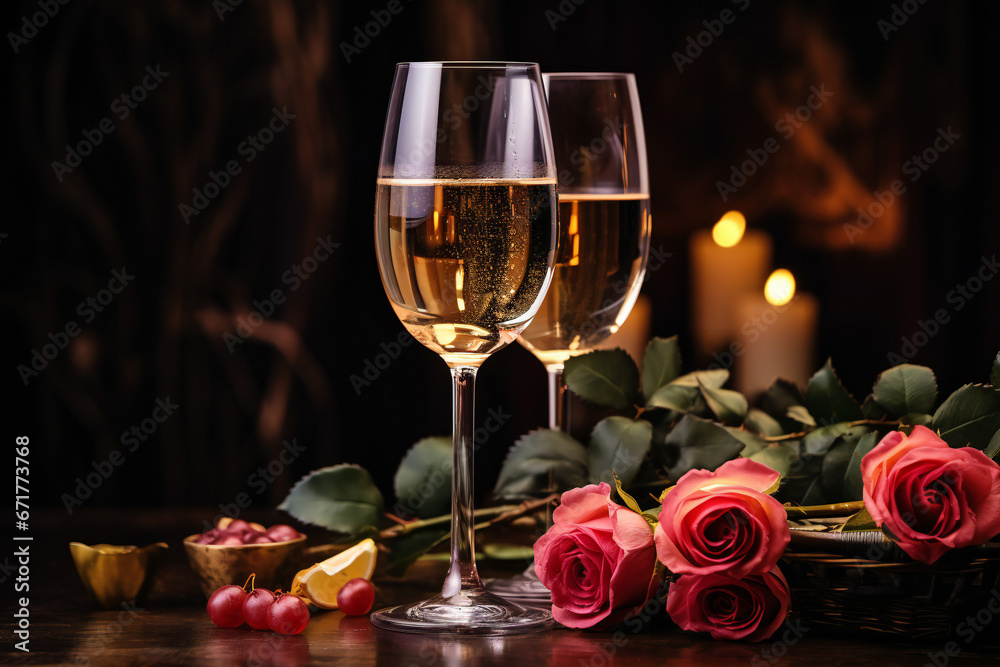 Glass of wine with a rose for a romantic atmosphere,ai generated