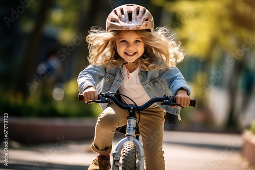 Little girl riding bike outdoors in city park,ai generated photo