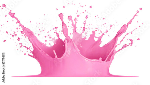 pink paint splashes, falling or melting with drops and droplets, side and top view. Isolated on a transparent background. PNG cutout or clipping path.