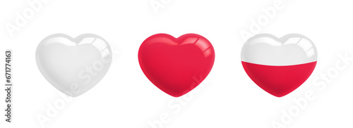 Poland Heart Symbol Set. Poland Flag Icon in the Shape of Heart. Stylization Patriotic Polish Flag with Love symbol. Conceptual symbol. Love Poland concept. Realistic 3D Vector Icons