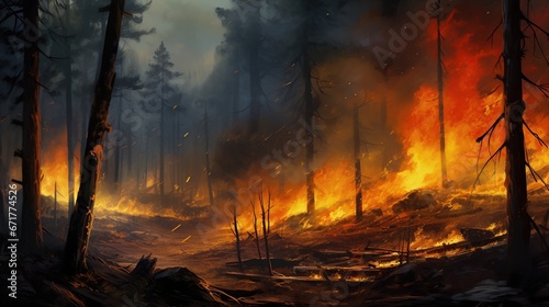 Wildfire burning tree in the forest at night. AI generated image