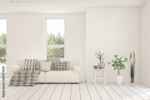 Fototapeta Naklejka Na Ścianę i Meble -  Contemporary classic white interior with furniture and decor and summer landscape in window. Scandinavian interior design. 3D illustration