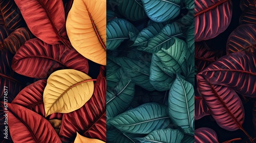  a close up of a bunch of leaves with red and green leaves in the middle of the picture and a yellow leaf in the middle of the picture.  generative ai
