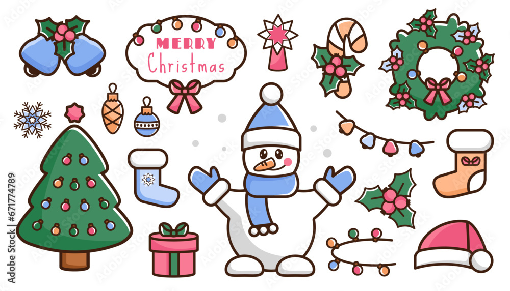 New Year icons. Set of cartoon color Christmas icon. Doodle holiday elements. Cute snowman, light, santa hat, Christmas socking, festive tree, wreath, jingle bells, holly, presents, candy cane. Vector