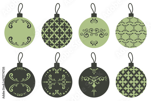 Set of hand drawn green Christmas balls isolated. Vintage Christmas toys for Christmas tree. Holiday element with luxury elegant ornament. Vector flat illustration for greeting card, invitations