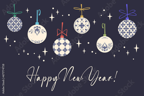 Merry Christmas banner. Horizontal vintage christmas balls with color ribbon and text. Holiday round toys with luxury antique elegant ornament. Vector flat illustration for card, print, invitations