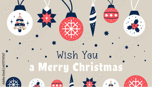 Merry Christmas card with text and simple Christmas decorations. Festive toys with Christmas tree, snowflake, stars, holly. Holiday background. Vector flat illustration for print,invitations