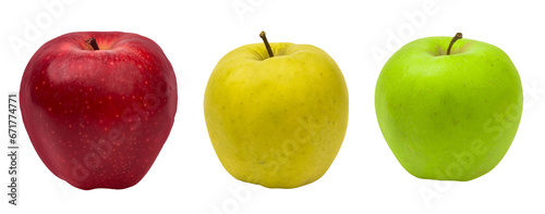 three apples, red, green, yellow PNG, fruits 