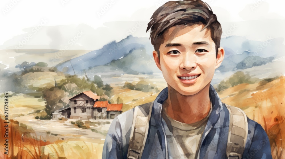 Smiling Teen Chinese Man with Brown Straight Hair Watercolor Illustration. Portrait of a Farmer on rural area background. Creative Drawing. Ai Generated Horizontal Illustration.