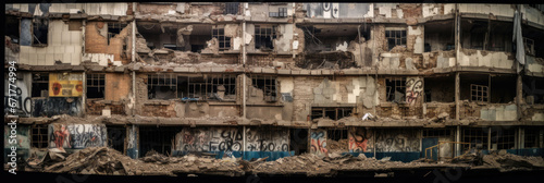 a building is torn down and lying on the ground. demolished building at the centre of the city. Banner © OLGA